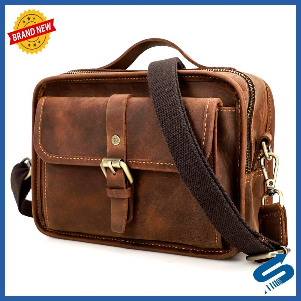 Top Grain Leather Messenger Bag Multi Pockets Fits Tablet Daily Business Travel